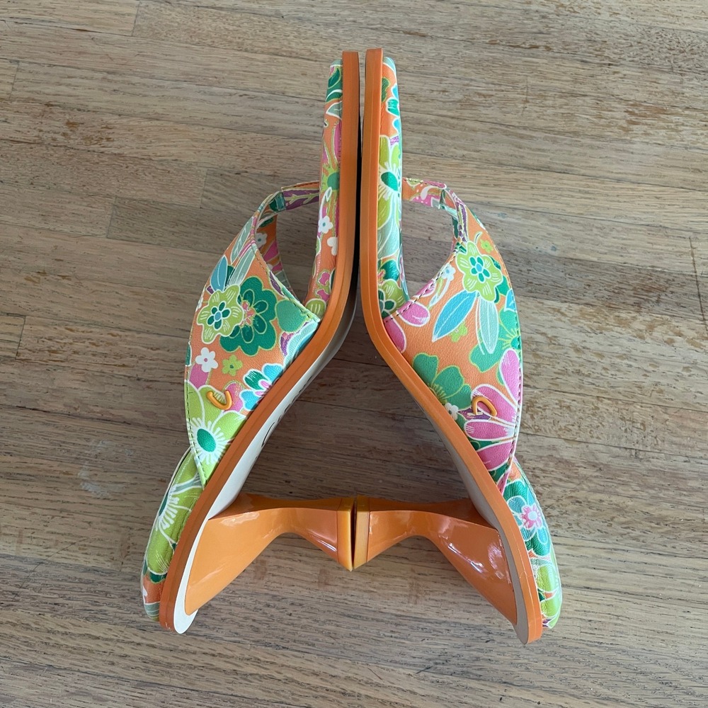 Circus by Sam Edelman Floral Thong Sandals Orange Square Toe Spool Heel Size 7 - Picture 4 of 6